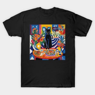 Black Cat Modern Still Life Painting with Flowers in Yellow Vase T-Shirt